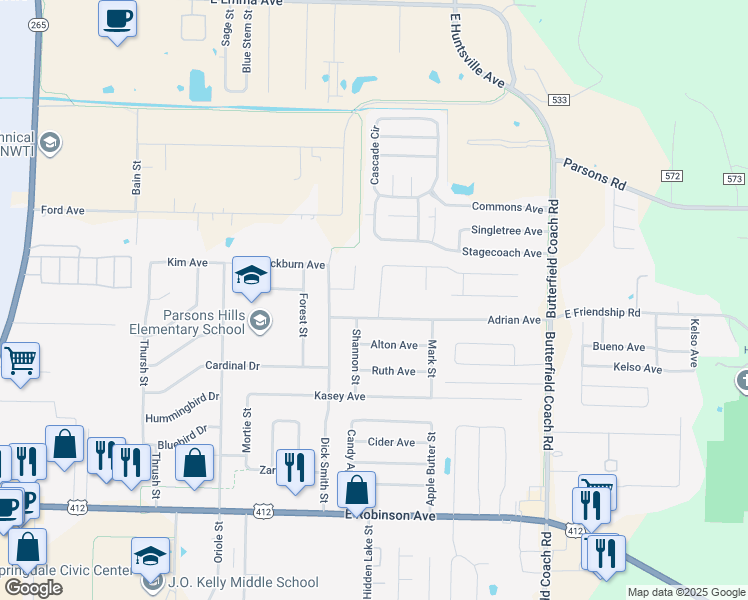 map of restaurants, bars, coffee shops, grocery stores, and more near 2519 Mia Place in Springdale