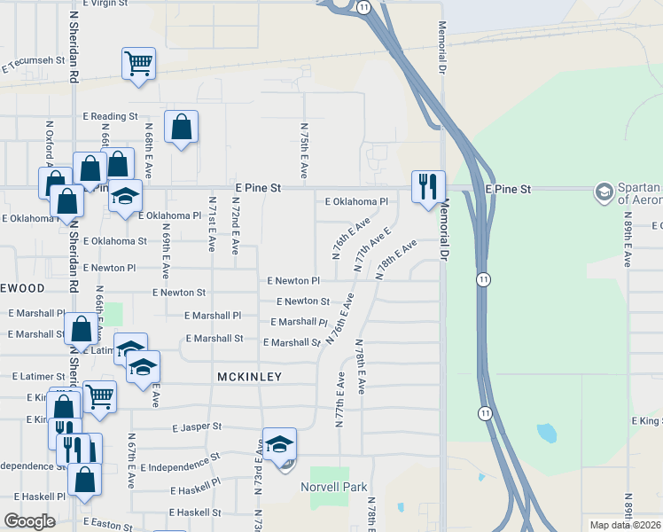 map of restaurants, bars, coffee shops, grocery stores, and more near 1340 North 76th East Avenue in Tulsa