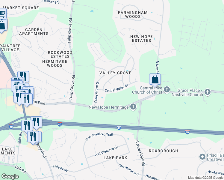 map of restaurants, bars, coffee shops, grocery stores, and more near 4331 Central Valley Drive in Nashville