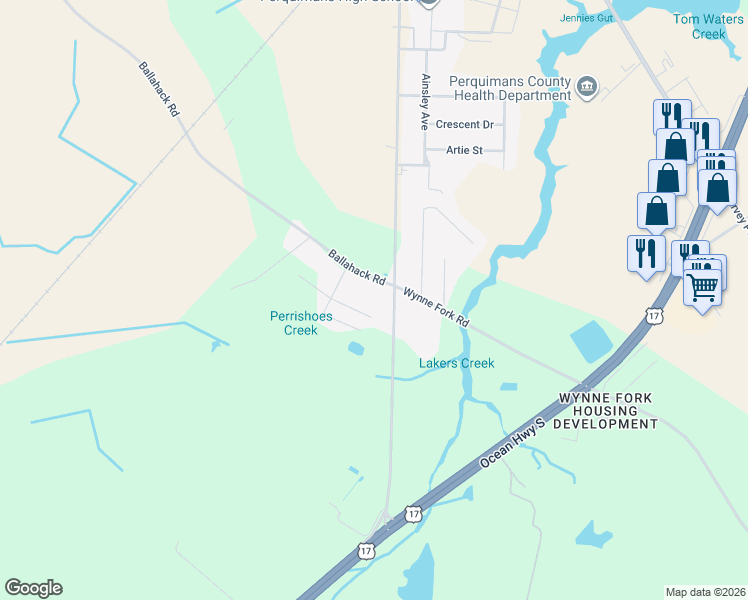 map of restaurants, bars, coffee shops, grocery stores, and more near 106 William Drive in Hertford