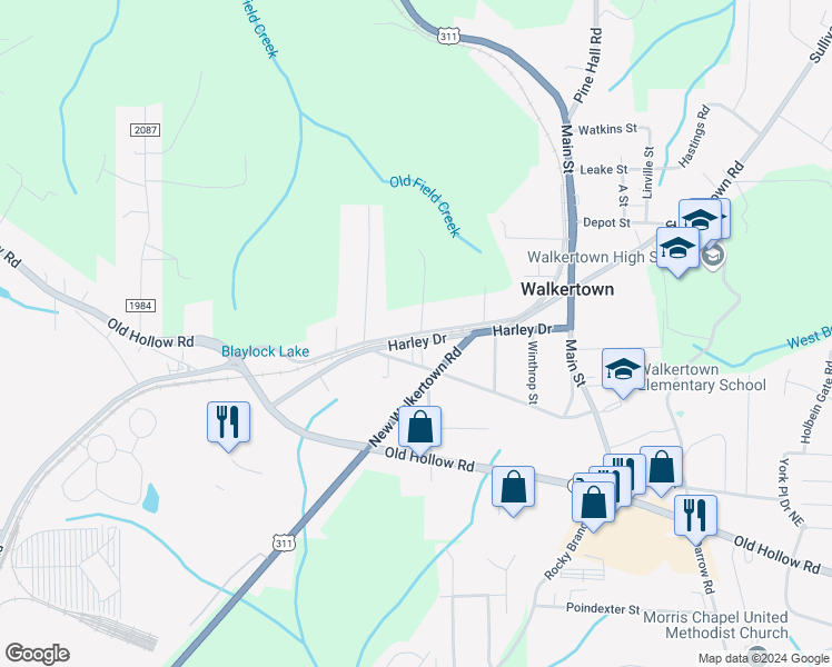 map of restaurants, bars, coffee shops, grocery stores, and more near 4961 Salem Road in Walkertown