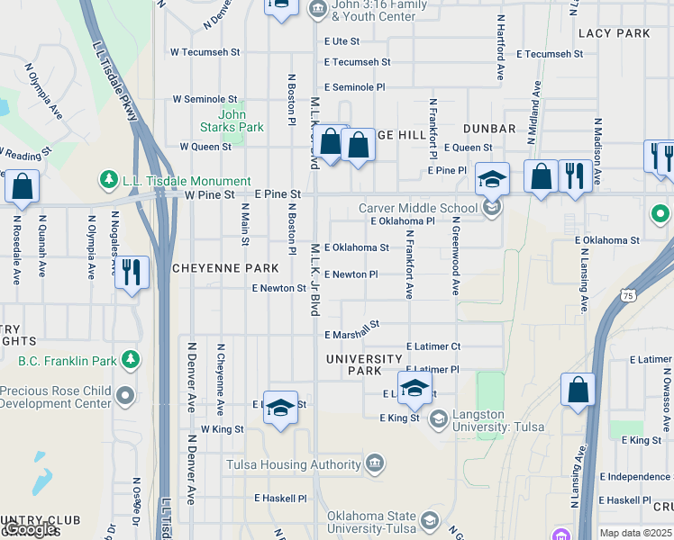 map of restaurants, bars, coffee shops, grocery stores, and more near 223 East Newton Place in Tulsa