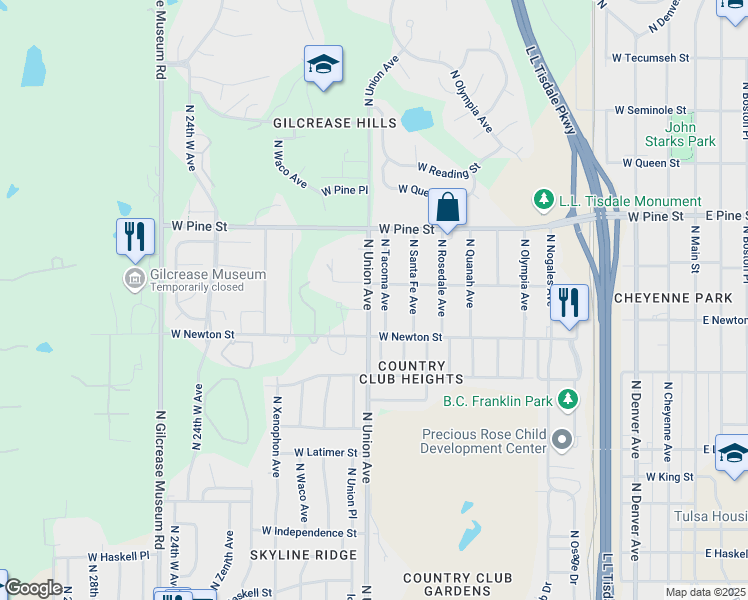 map of restaurants, bars, coffee shops, grocery stores, and more near 1333 North Union Avenue in Tulsa