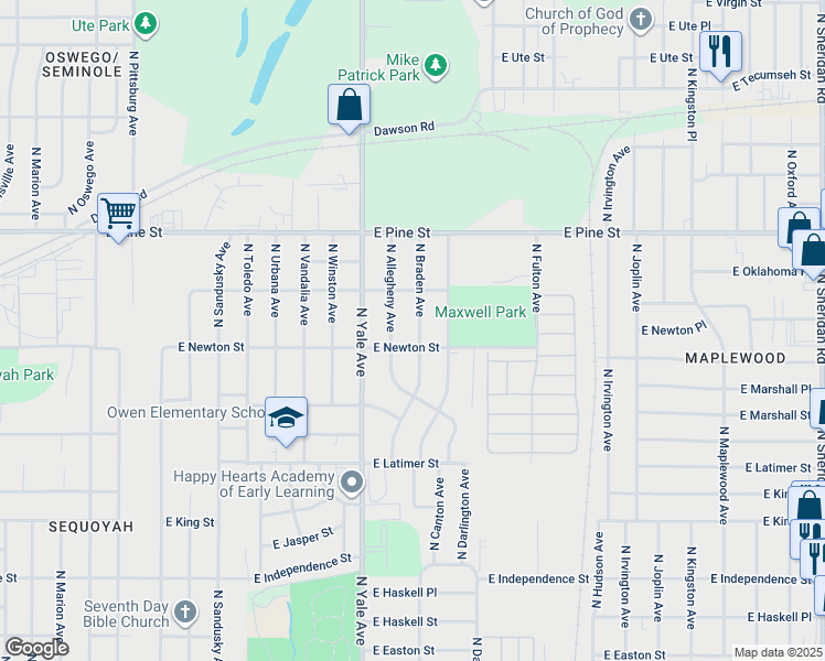 map of restaurants, bars, coffee shops, grocery stores, and more near 1316 North Braden Avenue in Tulsa