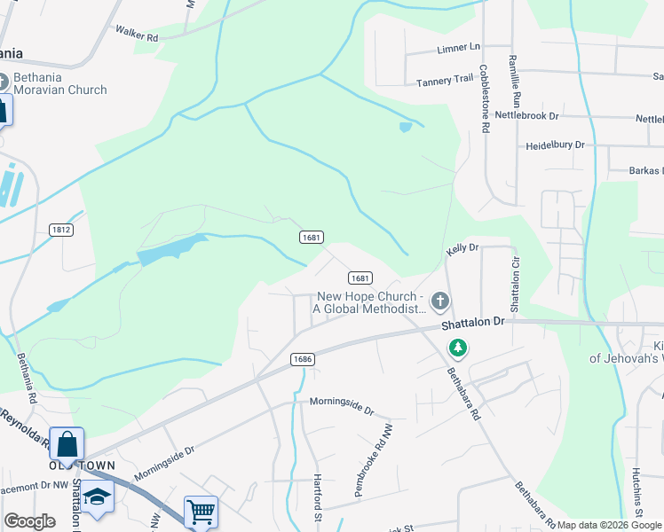 map of restaurants, bars, coffee shops, grocery stores, and more near 2860 Bethabara Road in Winston-Salem