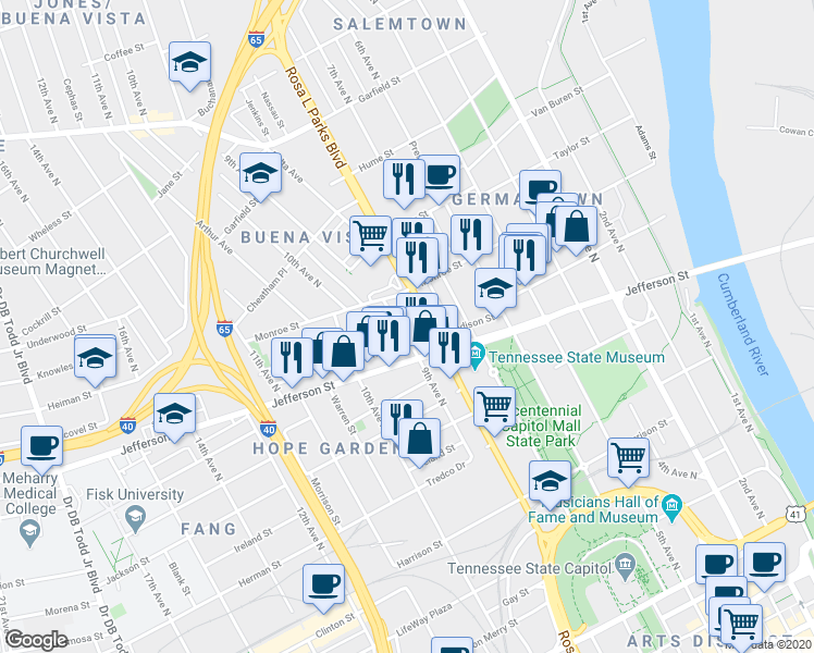 map of restaurants, bars, coffee shops, grocery stores, and more near 1206 9th Avenue North in Nashville