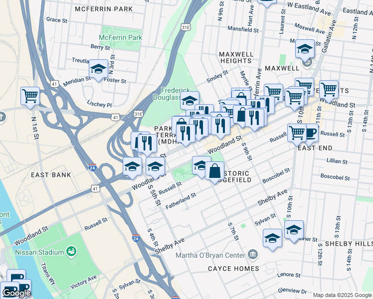 map of restaurants, bars, coffee shops, grocery stores, and more near 624 Main Street in Nashville