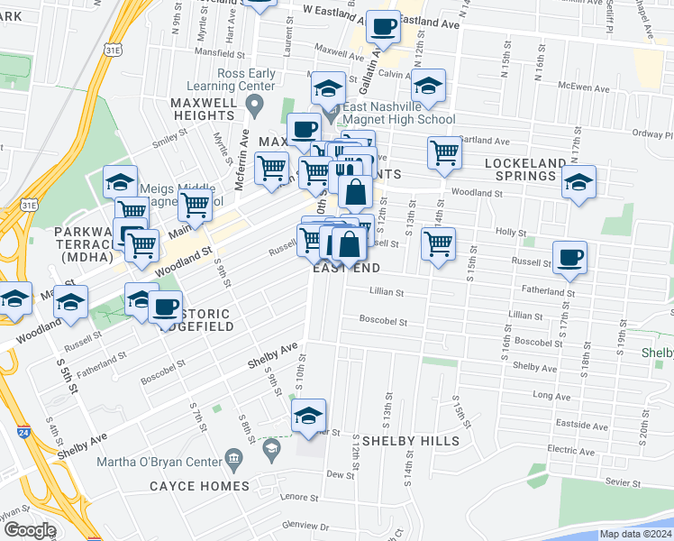 map of restaurants, bars, coffee shops, grocery stores, and more near 1006 Fatherland Street in Nashville
