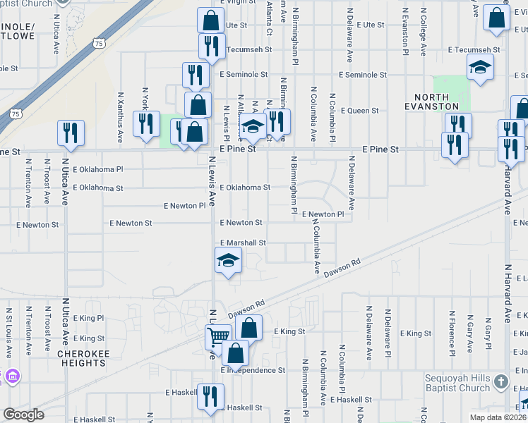 map of restaurants, bars, coffee shops, grocery stores, and more near 1314 North Atlanta Place in Tulsa