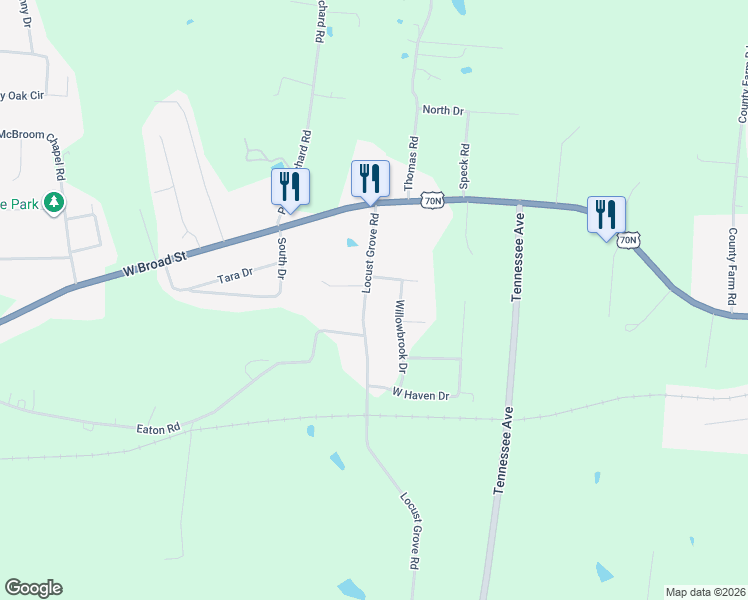 map of restaurants, bars, coffee shops, grocery stores, and more near 300 Locust Grove Road in Cookeville