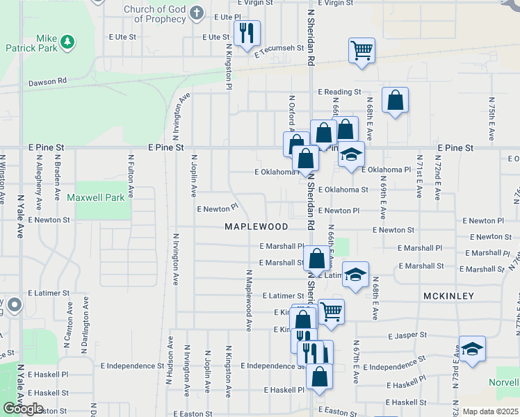 map of restaurants, bars, coffee shops, grocery stores, and more near 1328 North Norwood Avenue in Tulsa