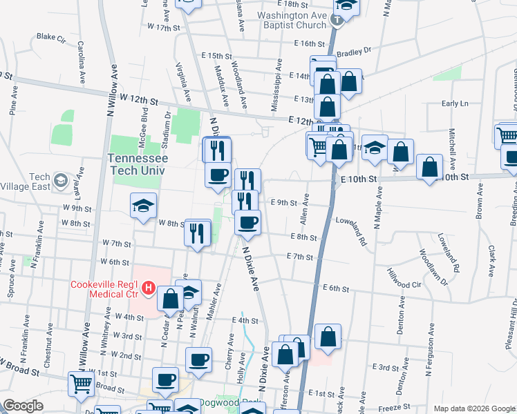 map of restaurants, bars, coffee shops, grocery stores, and more near 848 North Jefferson Avenue in Cookeville