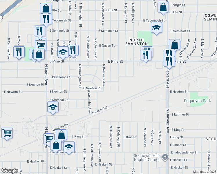 map of restaurants, bars, coffee shops, grocery stores, and more near 1316 N Delaware Pl in Tulsa