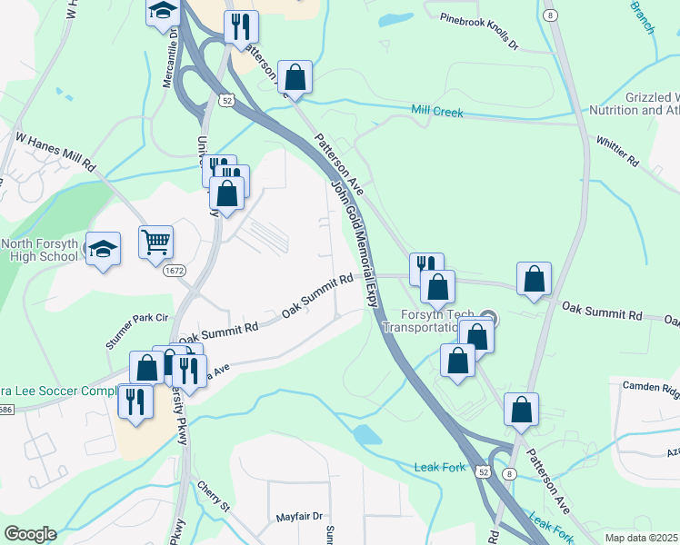 map of restaurants, bars, coffee shops, grocery stores, and more near 201 Oak Summit Road in Winston-Salem