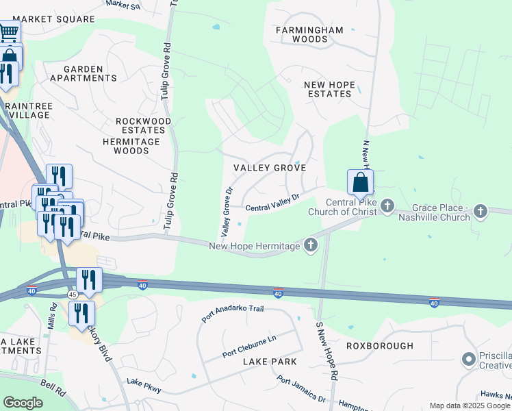 map of restaurants, bars, coffee shops, grocery stores, and more near 4331 Central Valley Drive in Nashville