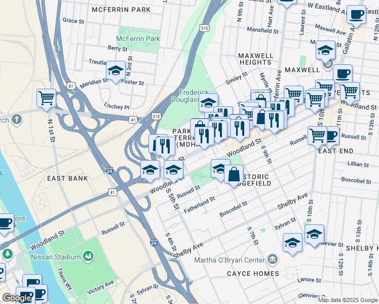 map of restaurants, bars, coffee shops, grocery stores, and more near 601 Main Street in Nashville