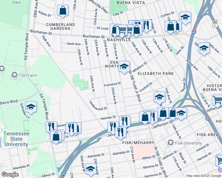 map of restaurants, bars, coffee shops, grocery stores, and more near 1523 22nd Avenue North in Nashville