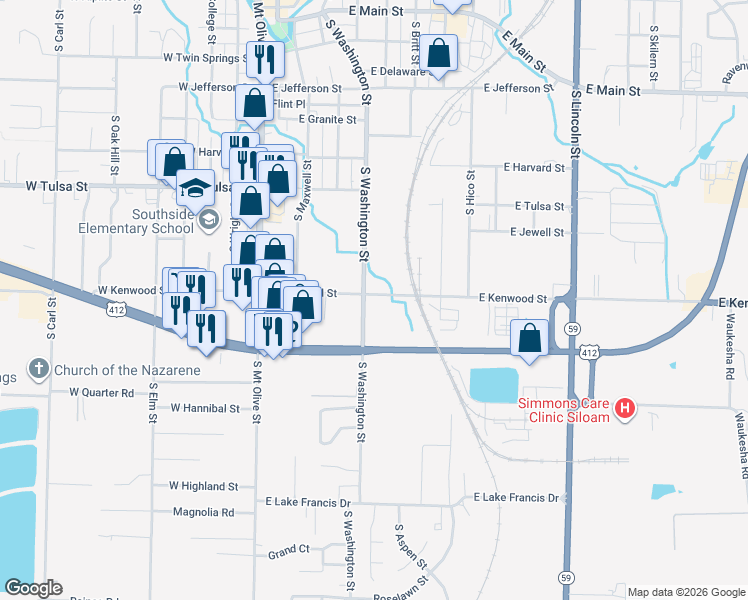map of restaurants, bars, coffee shops, grocery stores, and more near 1001 South Washington Street in Siloam Springs