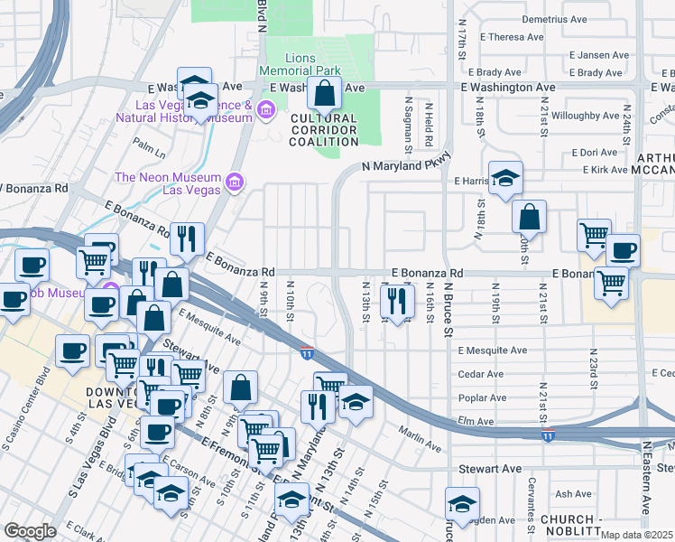map of restaurants, bars, coffee shops, grocery stores, and more near E Bonanza Rd & N Maryland Pkwy in Las Vegas