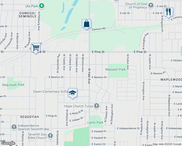 map of restaurants, bars, coffee shops, grocery stores, and more near 1315 North Yale Avenue in Tulsa