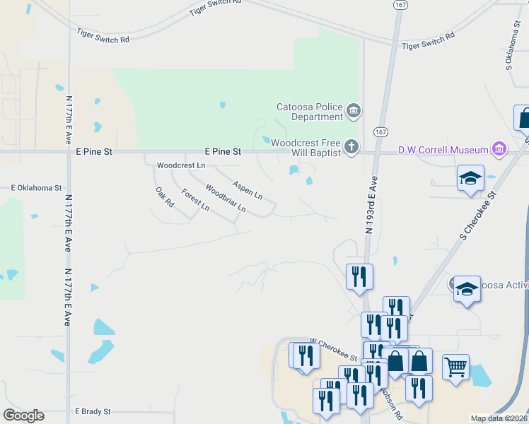 map of restaurants, bars, coffee shops, grocery stores, and more near 18741 Woodbriar Lane in Catoosa