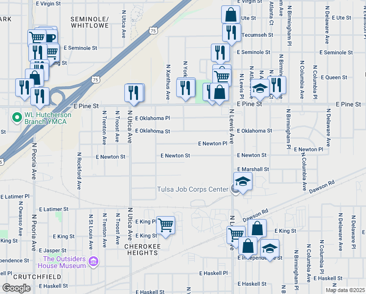 map of restaurants, bars, coffee shops, grocery stores, and more near 2104 East Newton Place in Tulsa