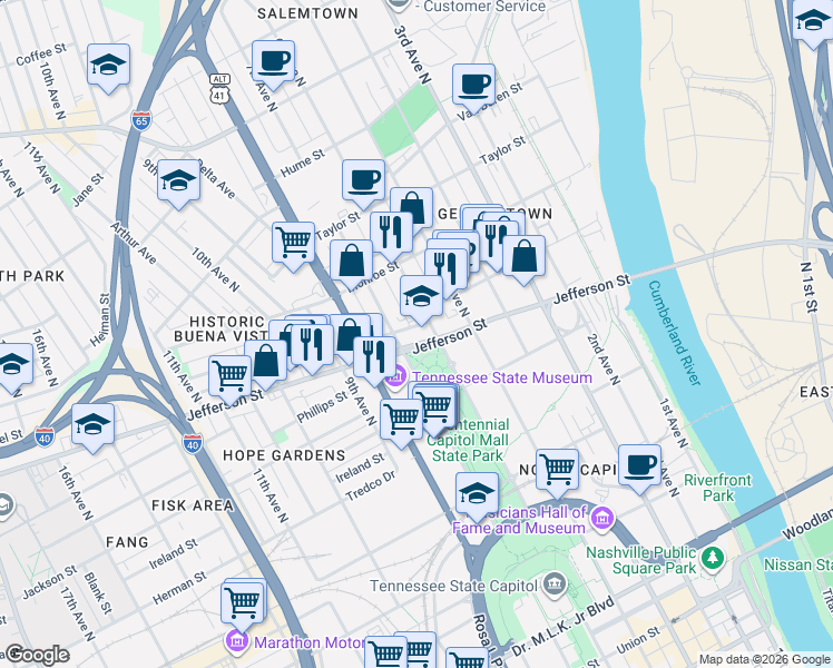 map of restaurants, bars, coffee shops, grocery stores, and more near 1104 7th Avenue North in Nashville