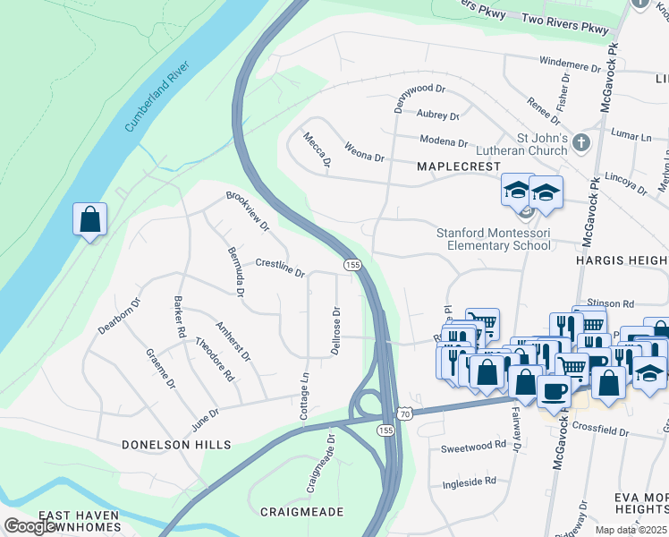 map of restaurants, bars, coffee shops, grocery stores, and more near 2222 Crestline Drive in Nashville