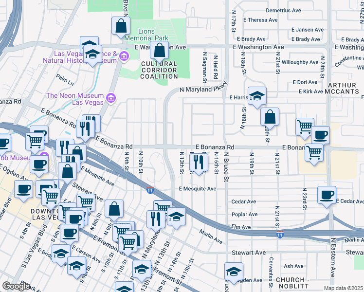 map of restaurants, bars, coffee shops, grocery stores, and more near 600 North 12th Street in Las Vegas