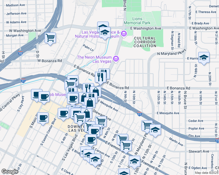 map of restaurants, bars, coffee shops, grocery stores, and more near 600 East Bonanza Road in Las Vegas
