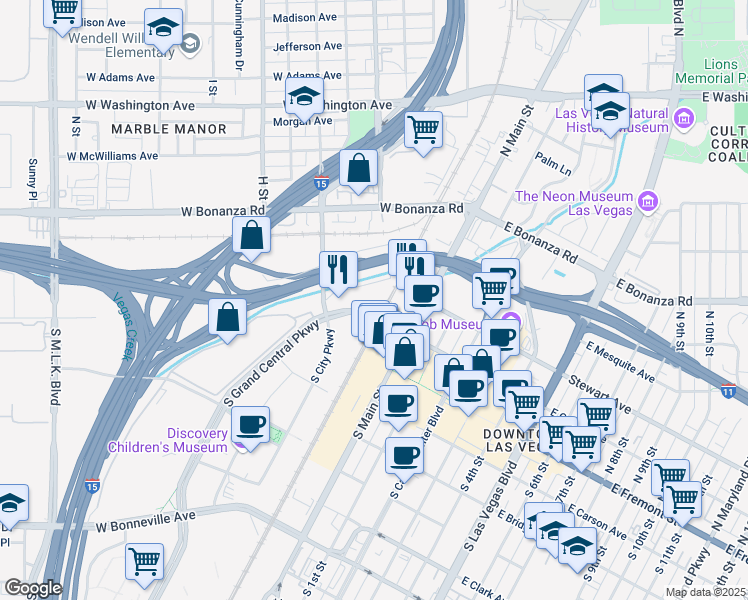 map of restaurants, bars, coffee shops, grocery stores, and more near 110 North City Parkway in Las Vegas