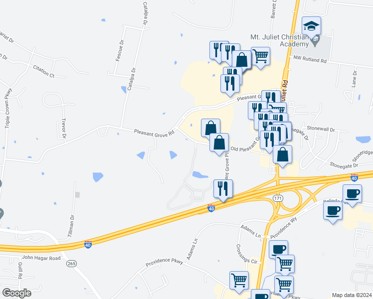map of restaurants, bars, coffee shops, grocery stores, and more near 401 Old Pleasant Grove Road in Mt. Juliet