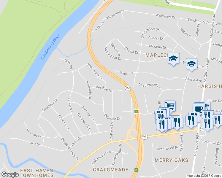 map of restaurants, bars, coffee shops, grocery stores, and more near 2200 Crestline Drive in Nashville