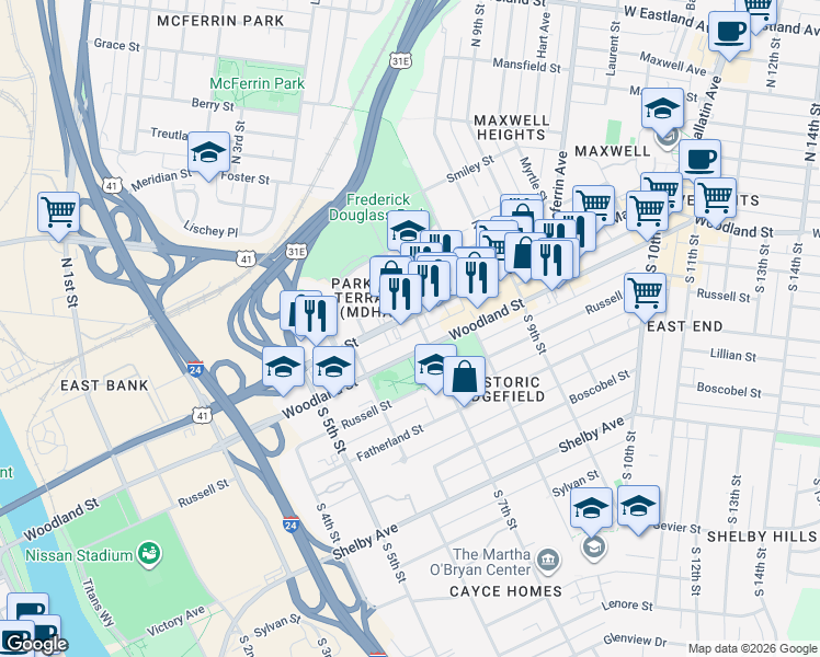 map of restaurants, bars, coffee shops, grocery stores, and more near 624 Main Street in Nashville
