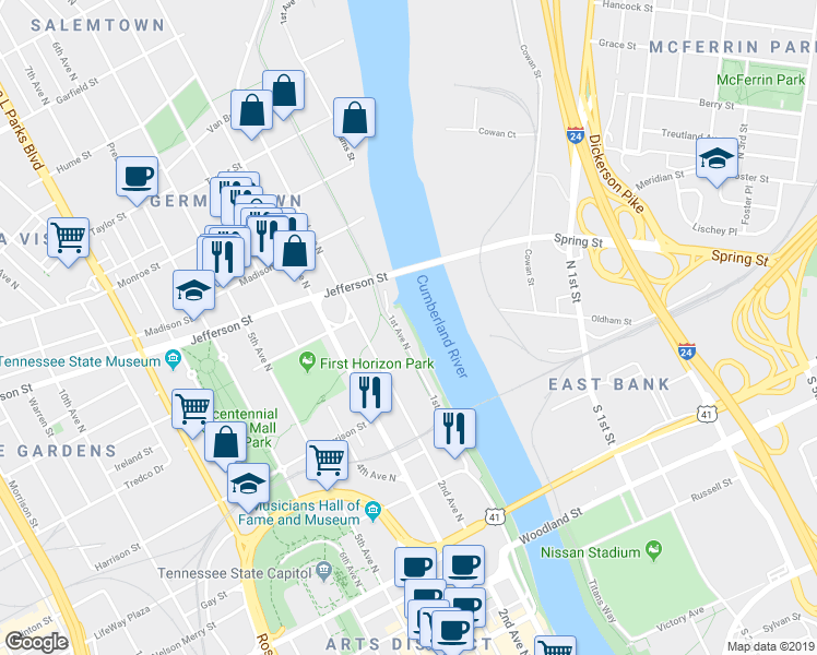 map of restaurants, bars, coffee shops, grocery stores, and more near 956 1st Avenue North in Nashville