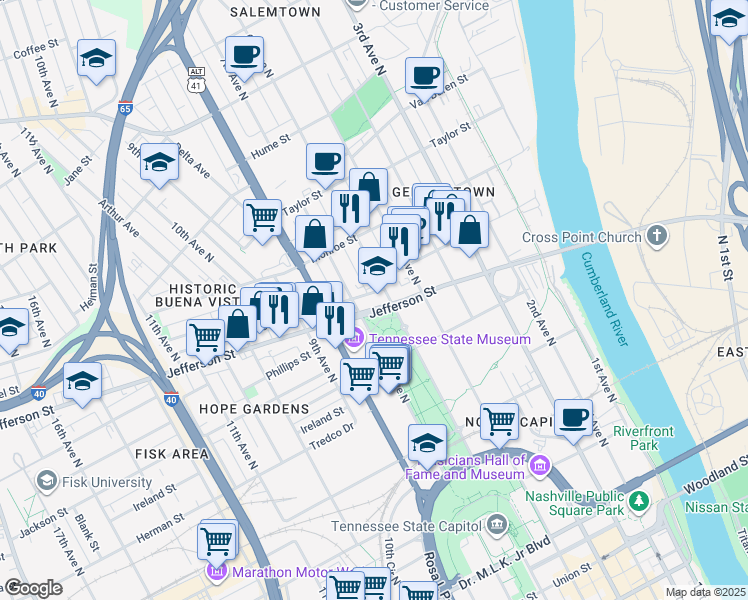 map of restaurants, bars, coffee shops, grocery stores, and more near 1104 7th Avenue North in Nashville