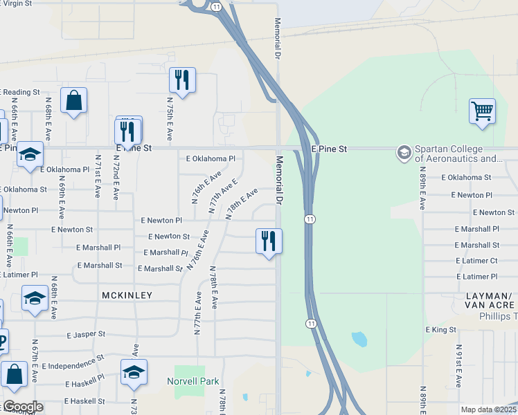 map of restaurants, bars, coffee shops, grocery stores, and more near 8020 East Newton Court in Tulsa