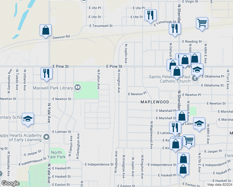 map of restaurants, bars, coffee shops, grocery stores, and more near 1310 North Irvington Avenue in Tulsa