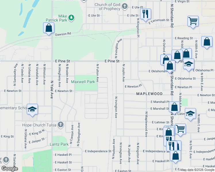 map of restaurants, bars, coffee shops, grocery stores, and more near 5501-5599 East Newton Place in Tulsa