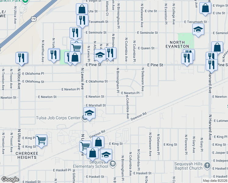 map of restaurants, bars, coffee shops, grocery stores, and more near 1312 North Birmingham Place in Tulsa