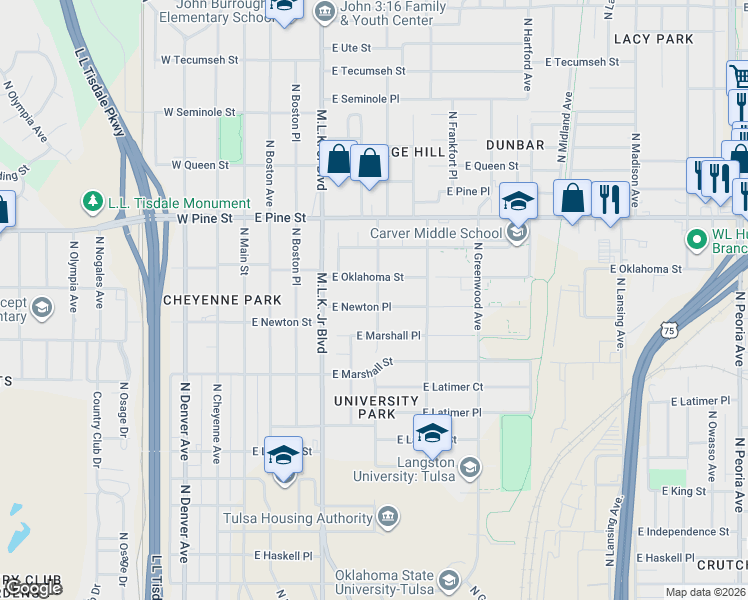 map of restaurants, bars, coffee shops, grocery stores, and more near 1303 North Elgin Avenue in Tulsa