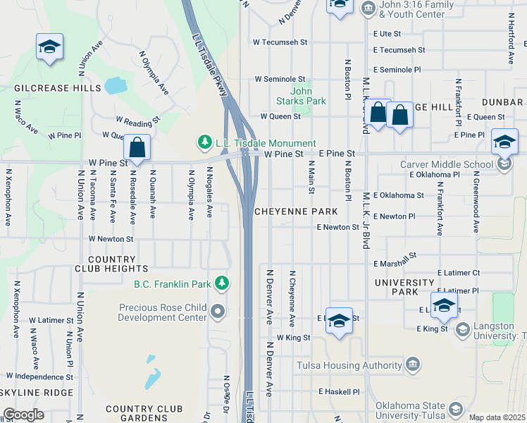 map of restaurants, bars, coffee shops, grocery stores, and more near 1320 North Denver Avenue in Tulsa