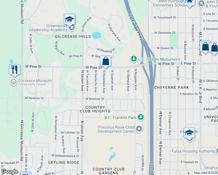 map of restaurants, bars, coffee shops, grocery stores, and more near 1335 North Rosedale Avenue in Tulsa