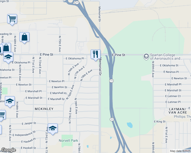 map of restaurants, bars, coffee shops, grocery stores, and more near 8020 East Newton Court in Tulsa