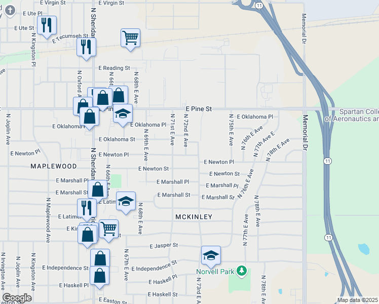 map of restaurants, bars, coffee shops, grocery stores, and more near 7207 East Newton Place in Tulsa