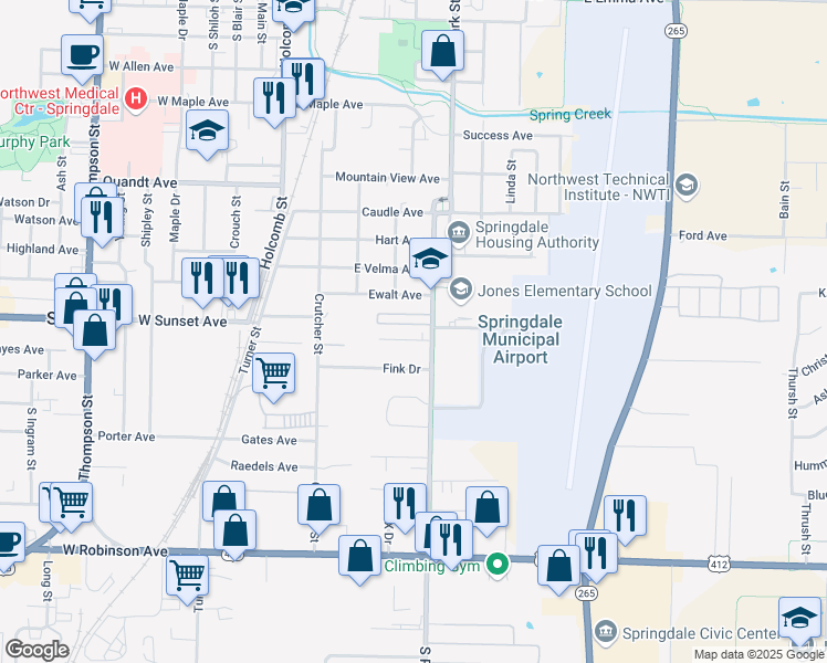 map of restaurants, bars, coffee shops, grocery stores, and more near 506 Charles Avenue in Springdale