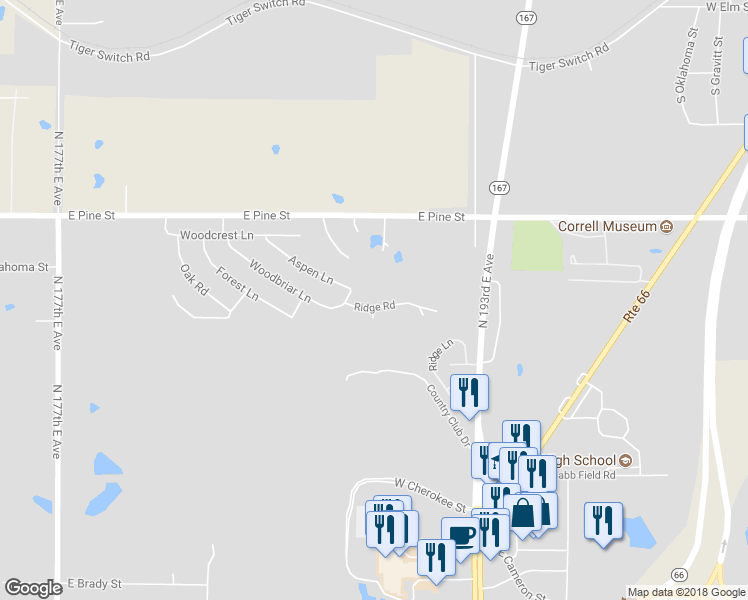 map of restaurants, bars, coffee shops, grocery stores, and more near 18901 Ridge Road in Catoosa
