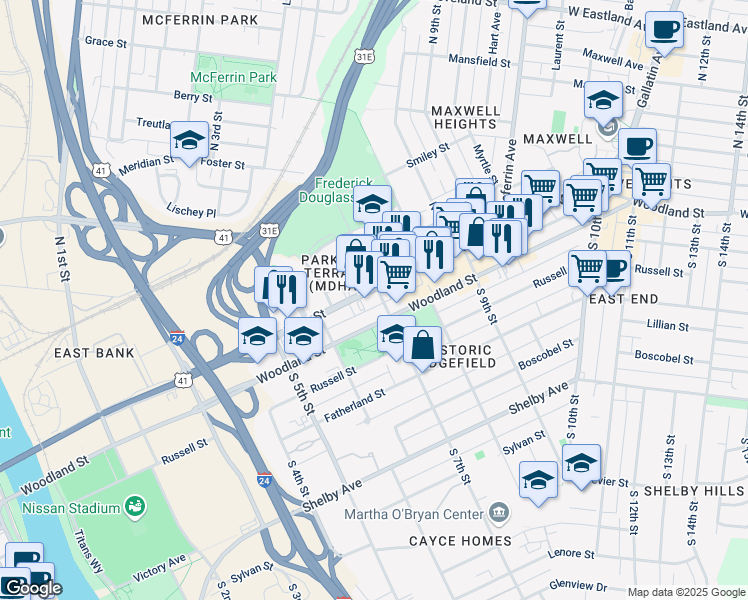map of restaurants, bars, coffee shops, grocery stores, and more near 624 Main Street in Nashville