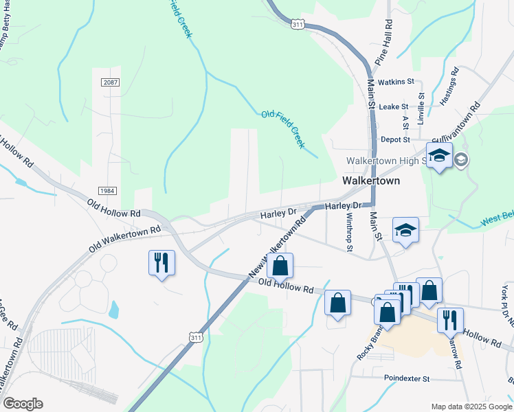 map of restaurants, bars, coffee shops, grocery stores, and more near 4961 Salem Road in Walkertown