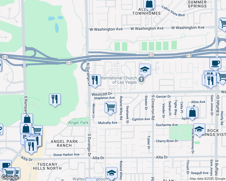 map of restaurants, bars, coffee shops, grocery stores, and more near 104 Breezy Tree Court in Las Vegas